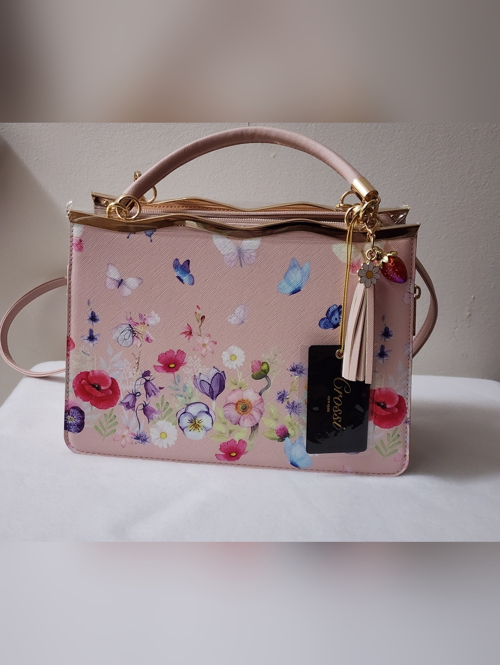 Crossi NY White Floral Satchel with Butterfly Design top handle/shoulder strap